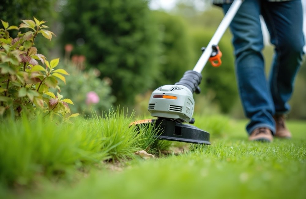 Lawn care technician maintaining a yard